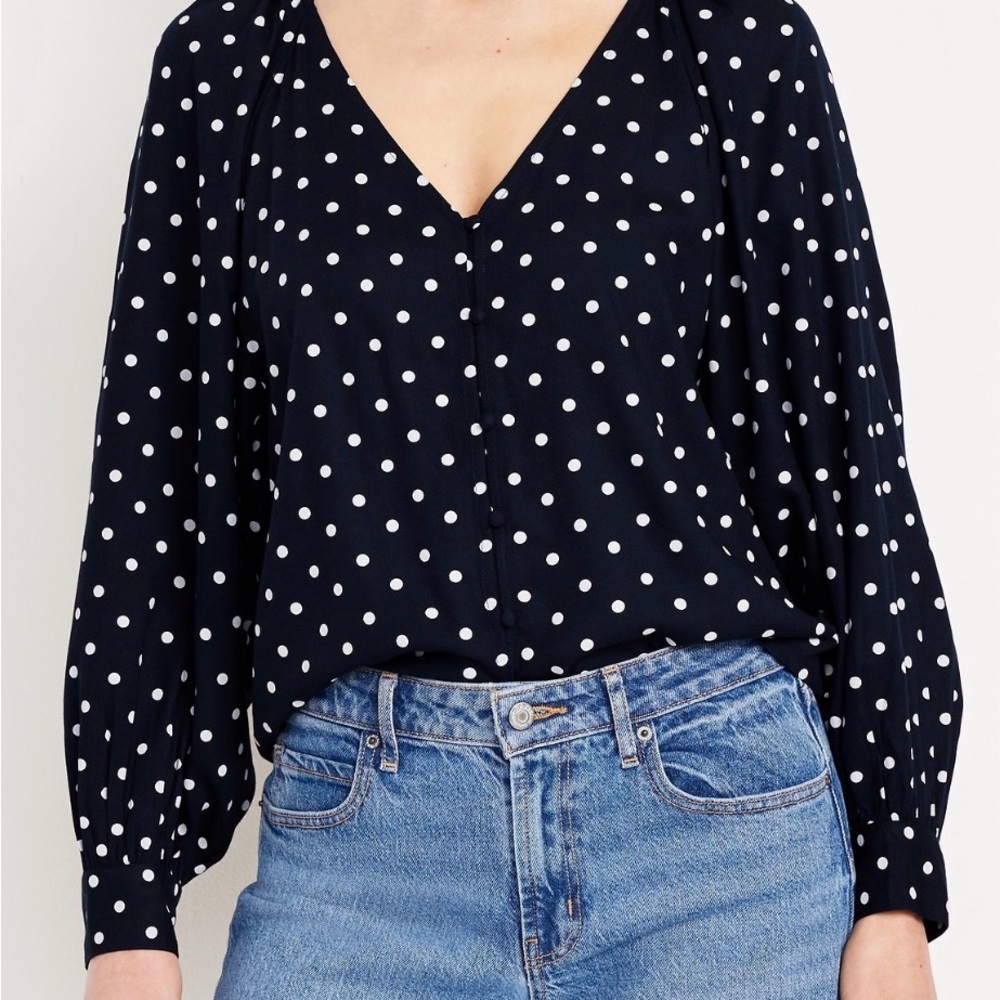 Old Navy Dark Blue and White Polka Dot Blouse